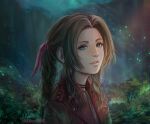  1girl aerith_gainsborough black_ribbon bow brown_hair final_fantasy final_fantasy_vii green_eyes hair_bow hair_intakes jacket long_hair neck_ribbon parted_lips pink_bow red_jacket ribbon signature solo stephanie_sybydlo twitter_username 