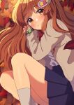  1girl :3 absurdres autumn_leaves blush brown_hair dashiikachan highres idolmaster idolmaster_cinderella_girls long_hair lying miniskirt moroboshi_kirari nail_polish on_side skirt solo 