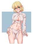  1girl blonde_hair blush breasts cleavage cleavage_cutout closed_mouth clothing_cutout eyebrows_visible_through_hair green_eyes hair_between_eyes highres large_breasts meme_attire mizuhashi_parsee navel nose_blush ootsuki_wataru pointy_ears ribbed_sweater short_hair solo stomach sweatdrop sweater touhou turtleneck turtleneck_sweater white_sweater 