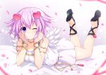  1girl angel_wings arm_support armlet binato_lulu blush commentary_request dress eyebrows_visible_through_hair hair_between_eyes hair_ornament head_rest heart heart_hair_ornament legs_up looking_at_viewer lying neptune_(neptune_series) neptune_(series) on_stomach one_eye_closed petals purple_eyes purple_hair short_hair signature sleeveless sleeveless_dress smile solo white_dress wings 