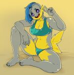  anthro blue_hair breasts cassidy_(croxot) clothing croxot feet female fin fish gesture gills hair hi_res humanoid_feet looking_at_viewer marine open_mouth piranha_(fish) purple_eyes serrasalmid sharp_teeth sitting smile swimwear tail_fin teeth v_sign 