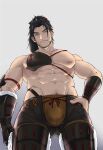  1boy abs ass_visible_through_thighs bara bare_pecs bare_shoulders black_hair bracer brown_hair bulge chachi_(soulga) chest_guard crotchless crotchless_pants facial_hair from_below head_tilt large_pectorals league_of_legends long_hair male_focus mature_male muscular muscular_male navel navel_hair nipples ponytail smile solo stomach stubble veins yasuo_(league_of_legends) 