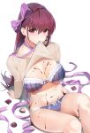  1girl blush bra breasts chocolate chocolate_on_breasts cleavage damda fate/grand_order fate_(series) hair_intakes large_breasts lifted_by_self lingerie melting mouth_hold panties plaid plaid_bra purple_bra purple_hair purple_panties red_eyes ribbon ribbon-trimmed_clothes ribbon_trim scathach_(fate) scathach_(fate)_(all) sweater underwear 