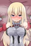  1girl absurdres anchor bed bismarck_(kancolle) blonde_hair blue_eyes breasts brown_gloves commentary_request detached_sleeves gloves highres kantai_collection large_breasts long_hair looking_at_viewer lying solo upper_body yuuki_shishin 