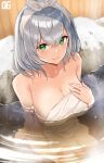  1girl absurdres bangs bare_shoulders bath bathing blush breasts cleavage collarbone green_eyes highres hololive large_breasts looking_at_viewer mole mole_on_breast naked_towel onsen partially_submerged rock shirogane_noel short_hair silver_hair sitting smile towel virtual_youtuber water white_towel zelo6 