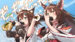  animal_ear_fluff animal_ears artist_name bangs blush brown_hair butterfly_hair_ornament choker cloud cucumber_slice eating ehoumaki eyebrows_visible_through_hair fish_hair_ornament food fox_ears fumi_(nijisanji) fumino_tamaki green_eyes hair_between_eyes hair_ornament hikosan holding holding_food japanese_clothes long_hair makizushi miko nattou nijisanji pinky_out red_choker ribbon-trimmed_sleeves ribbon_trim setsubun sky sushi upper_body virtual_youtuber wide_sleeves yellow_eyes 