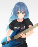  1girl asahi_rokka bang_dream! bangs black_shirt blue_hair blush closed_mouth concentrating cowboy_shot gradient gradient_background green_eyes grey_background guitar highres holding holding_instrument indigorabbit instrument long_hair music playing_instrument plectrum shirt short_sleeves solo standing t-shirt 