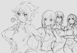  4girls ? allelujah_haptism arm_grab breasts celestial_being_uniform crossed_arms erinashi_kin genderswap genderswap_(mtf) glasses greyscale gundam gundam_00 hair_behind_ear hand_on_own_chest highres jacket large_breasts lockon_stratos looking_down looking_up medium_breasts medium_hair monochrome multiple_girls round_eyewear setsuna_f_seiei sketch smile speech_bubble spoken_question_mark tieria_erde 