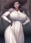  1girl alcina_dimitrescu black_gloves black_hair breasts cleavage corsage dress gloves gonster hands_on_hips hat highres jewelry large_breasts necklace pale_skin resident_evil resident_evil_village short_hair small_head smile solo sun_hat white_dress yellow_eyes 