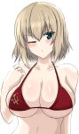  1girl :o absurdres aikir_(jml5160) alternate_breast_size bangs bikini blonde_hair blue_eyes blush bob_cut breasts cleavage commentary emblem eyebrows_visible_through_hair girls_und_panzer hand_on_own_chest highres katyusha_(girls_und_panzer) large_breasts looking_at_viewer navel older one_eye_closed pravda_(emblem) red_bikini short_hair simple_background skindentation solo string_bikini swimsuit upper_body white_background 