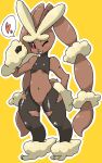  1girl animal_ears animal_nose bare_shoulders black_legwear black_sclera blush body_fur brown_fur bunny_ears bunny_tail chizi colored_sclera commentary flat_chest full_body furry gen_4_pokemon hand_on_hip hand_up happy heart highres looking_at_viewer lopunny mega_lopunny mega_pokemon navel one_eye_closed open_mouth outline pantyhose pink_eyes pokemon pokemon_(creature) rabbit_girl shiny shiny_clothes simple_background smile solo speech_bubble spoken_heart standing tail teeth torn_clothes torn_legwear white_outline wide_hips yellow_background 
