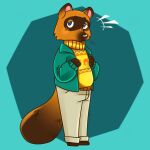  absurd_res animal_crossing anthro blush bottomwear canid canine clothing coat daisy-marshmallow digital_media_(artwork) hi_res looking_at_viewer male mammal nintendo pants raccoon_dog simple_background solo tanuki tom_nook_(animal_crossing) topwear video_games 