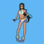  1girl armlet belly_chain black_hair blue_background blue_hair dark_skin dark_skinned_female earrings flat_color gloves hand_on_hip highres holding holding_poke_ball hoop_earrings jewelry long_hair multicolored_hair necklace nessa_(pokemon) poke_ball poke_ball_(basic) pokemon pokemon_(game) pokemon_swsh sandals simple_background single_glove solo swimsuit tankini two-tone_hair very_long_hair yoshi_mi_yoshi 