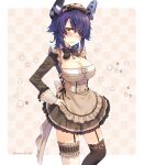  1girl alternate_costume black_bow bow breasts brown_eyes cleavage eyepatch garter_straps hair_over_one_eye hand_on_hip highres kantai_collection kotobuki_(momoko_factory) large_breasts lips messy_hair mismatched_legwear purple_hair short_hair solo tenryuu_(kancolle) thighhighs twitter_username 