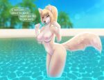  anthro beach blonde_hair bottomless breasts butt canid canine cleavage clothed clothing english_text female fox fur hair inviting looking_at_viewer mammal metroid nintendo nude palm_tree plant samus_aran seaside side_view skinny_dipping solo speech_bubble text topless tree tropical undressing video_games water wide_hips wyla yellow_body yellow_fur 