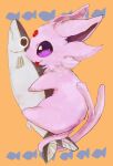  :3 animal_focus banchiku black_eyes blush closed_mouth commentary_request espeon fish forehead_jewel from_above full_body gen_2_pokemon happy intertwined_tails jpeg_artifacts licking light_blush lying no_humans nose_blush on_side orange_background pokemon pokemon_(creature) purple_eyes simple_background smile solo tongue 