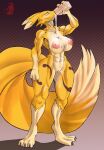  abs absurd_res anthro big_breasts breasts digimon digimon_(species) female genitals hi_res huge_breasts milk muscular muscular_anthro muscular_female pussy renamon solo thick_thighs verakultura wet wide_hips 