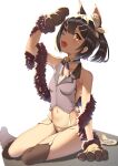  1girl :d animal_ear_fluff bangs bare_shoulders black_hair blush breasts collarbone commentary_request dark_skin fate/kaleid_liner_prisma_illya fate_(series) garter_straps gloves hair_ornament hairclip hand_up highres looking_at_viewer miyu_edelfelt navel neck_bell open_mouth paw_gloves paw_shoes paws sashimi_nasu shiny shiny_hair shoes short_hair simple_background sitting small_breasts smile solo thighhighs upper_teeth white_background yokozuwari 