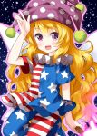  1girl :d american_flag_dress blonde_hair blush clownpiece commentary_request eyebrows_visible_through_hair fairy_wings flat_chest foot_out_of_frame hair_between_eyes hand_up hat highres holding holding_torch jester_cap long_hair looking_at_viewer neck_ruff open_mouth pantyhose pink_headwear polka_dot purple_eyes purple_outline ruu_(tksymkw) short_sleeves smile solo space star_(sky) star_(symbol) star_print torch touhou very_long_hair wavy_hair wings 