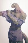  anthro beastars bottomwear clothing emanata forked_tongue gosha_(beastars) green_body green_scales hi_res komodo_dragon lizard male mature_male monitor_lizard muscular muscular_anthro muscular_male open_mouth reptile scales scalie sharp_teeth shirt shorts solo teeth tongue tongue_out topwear toro402 undressing 