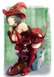  1girl blue_eyes breasts choker cleavage fingerless_gloves gloves guilty_gear guitar hat highres i-no instrument large_breasts latex_dress leaning_forward looking_at_viewer o-ring o-ring_top online_neet short_hair thighhighs witch_hat 