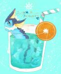  animal_focus banchiku blue_background blue_eyes blue_theme blush character_name commentary_request cup drink drinking_glass drinking_straw english_text food food_focus from_behind fruit gen_1_pokemon heart ice ice_cube jpeg_artifacts no_humans open_mouth orange orange_slice pokemon pokemon_(creature) simple_background solo striped vaporeon 