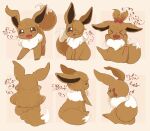  &gt;_&lt; :3 animal_focus arrow_(symbol) banchiku bangs blunt_bangs brown_background brown_eyes brown_hair brown_theme closed_mouth commentary_request eevee fang fluffy from_behind from_side full_body gen_1_pokemon hair_bobbles hair_ornament hair_over_one_eye hair_ribbon hands_up happy highres jpeg_artifacts long_hair looking_at_viewer multiple_views no_humans one_side_up open_mouth pawpads pokemon pokemon_(creature) red_ribbon ribbon shiny shiny_hair short_hair sidelocks simple_background sitting smile standing tied_hair tongue tongue_out topknot translation_request 