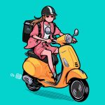  1girl aqua_background backpack bag brown_hair expressionless flat_color ground_vehicle helmet highres long_hair motor_vehicle original pink_shirt pink_shorts scooter shadow shirt short_sleeves shorts simple_background sitting solo vespa white_shirt yoshi_mi_yoshi 