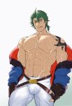  1boy :q abs bara bare_pecs bulge chachi_(soulga) fingerless_gloves gloves green_hair harness jacket joe_(sk8) large_pectorals male_focus medium_hair muscular muscular_male navel navel_hair nipples off_shoulder open_clothes open_jacket pants sexually_suggestive shoulder_tattoo sk8_the_infinity solo stomach suggestive_fluid tattoo thick_thighs thighs tied_hair tight tight_pants tongue tongue_out white_pants 