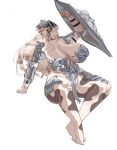  &lt;3 absurd_res anthro armor big_breasts bottomwear bovid bovine breasts carsen cattle clothing female headgear helmet hi_res loincloth mammal shield simple_background solo white_background 