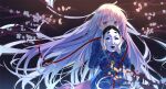  1girl backlighting bangs blue_shirt blurry_foreground cherry_blossoms circle colored_eyelashes constricted_pupils covering_mouth eyebrows_visible_through_hair floating_hair hair_between_eyes hata_no_kokoro highres holding holding_mask katee long_hair long_sleeves looking_at_viewer mask noh_mask pink_hair pink_skirt plaid plaid_shirt purple_eyes reflective_eyes shiny shiny_hair shiny_skin shirt skirt solo star_(symbol) touhou tree_branch triangle untucked_shirt upper_body very_long_hair wind 