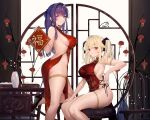  2girls blonde_hair bow breasts chinese_clothes chinese_dress cropped dress erect_nipples garter long_hair no_bra nopan original purple_hair red_eyes sideboob signed twintails xin_(moehime) 