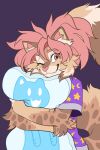  anthro avery_(roanoak) clothed clothing felid feline flat_colors fur girly hair hi_res lynx male mammal orange_body orange_fur pajamas pillow pink_eyes pink_hair pink_nose roanoak solo spots tan_body tan_fur white_body white_fur 