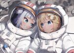  2girls astronaut bangs blonde_hair blue_eyes blunt_bangs blush character_name closed_mouth commentary earth_(planet) english_commentary gawr_gura grin hair_ornament helmet hololive hololive_english hood looking_at_another monocle multiple_girls planet reflection renpc shark_hair_ornament short_hair smile space_helmet spacesuit upper_body virtual_youtuber watson_amelia 