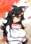  1girl animal_collar animal_ear_fluff animal_ears arms_under_breasts ashiga_oreta autumn autumn_leaves bangs black_hair breast_hold breasts closed_mouth collar collarbone crossed_arms flipped_hair hair_between_eyes highres hololive large_breasts long_hair long_sleeves looking_at_viewer multicolored_hair ookami_mio red_hair shirt smile solo streaked_hair upper_body very_long_hair virtual_youtuber white_shirt wolf_ears wolf_girl yellow_eyes 