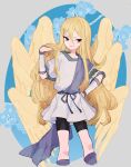  1girl black_shorts blonde_hair blue_flower feathered_wings feet_out_of_frame flower hair_between_eyes hand_on_hip hand_up l_hakase long_hair multiple_wings original red_eyes shorts smile solo very_long_hair wings yellow_wings 