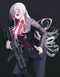  1girl ak-12 ak-12_(girls_frontline) belt black_background black_jacket black_pants blazer business_suit defy_(girls_frontline) eyebrows_visible_through_hair formal girls_frontline glasses highres holding holding_weapon jacket long_hair looking_at_viewer necktie one_eye_closed pants parang ponytail purple_eyes red_shirt shirt silver_hair smile solo standing suit weapon white_neckwear 