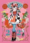  1girl 2021 animal_ears animal_print aqua_legwear black_footwear black_hair blue_horns boots chinese_zodiac cow_ears cow_girl cow_horns cow_print cow_tail flower full_body horns l_hakase leaf long_sleeves looking_at_viewer multicolored_hair open_mouth original pink_flower smile solo standing tail two-tone_hair white_hair year_of_the_ox 