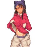  1girl absurdres animal_hat blush breast_lift breasts brown_eyes cabbie_hat cargo_pants cat_hat coat coat_lift dark_skin dark_skinned_female english_commentary grin hat highres hood hood_down hooded_coat ijiranaide_nagatoro-san lifted_by_self long_hair looking_at_viewer mittens nagatoro_hayase navel nose_blush nyxkz pants red_coat small_breasts smile solo stomach toned winter_clothes 