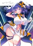  1girl :o arm_behind_head ass_visible_through_thighs azur_lane baltimore_(azur_lane) baltimore_(azur_lane)_(cosplay) baltimore_(muse)_(azur_lane) bangs bare_shoulders blue_eyes blue_hair blunt_bangs blush bow breasts center_frills center_opening clothing_cutout commentary_request commission cosplay cowboy_shot crop_top eyebrows_visible_through_hair frills gloves hair_between_eyes half_gloves hat headset heart_buckle idol large_breasts looking_at_viewer maronie. mini_hat navel navel_cutout orange_bow original panties pantyshot pleated_skirt shirt sidelocks skeb_commission skindentation skirt skirt_lift sleeveless sleeveless_shirt solo standing standing_on_one_leg sweat translation_request twintails underboob underboob_cutout underwear white_footwear white_gloves white_panties white_shirt white_skirt 