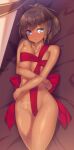  1girl blue_eyes blush breasts brown_hair cleavage commentary_request dark_skin dark_skinned_female highres ichi_makoto large_breasts looking_at_viewer lying naked_ribbon nose_blush on_back open_mouth original ponytail red_ribbon ribbon solo sweatdrop valentine 