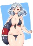  1girl :p artist_name ass_visible_through_thighs bangs bikini black_bikini black_swimsuit blush bow breasts cleavage collarbone covered_nipples cowboy_shot dot_nose eyebrows_visible_through_hair girls_frontline hair_bow heart heart-shaped_pupils highres holding innertube kirochef large_breasts medium_hair navel shiny shiny_skin solo spas-12_(girls_frontline) swimsuit symbol-shaped_pupils tareme tongue tongue_out 