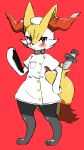  1girl absurdres animal_ear_fluff animal_ears animal_nose barefoot black_fur blush body_fur braixen breast_pocket chizi clipboard closed_mouth clothed_pokemon commentary_request dress flat_chest fox_ears fox_girl fox_tail full_body furry gen_6_pokemon hand_on_hip hand_up hat highres holding nurse nurse_cap paws pocket pokemon pokemon_(creature) red_background red_eyes short_sleeves simple_background sketch snout solo standing syringe tail white_dress white_fur yellow_fur 