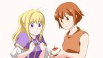  2girls ahoge apple bangs bare_shoulders blonde_hair brown_eyes brown_hair clarine_(fire_emblem) dorothy_(fire_emblem) fire_emblem fire_emblem:_the_binding_blade food fruit holding kashiwabooks knife looking_down multiple_girls open_mouth purple_eyes upper_body 