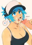  1girl absurdres april_h._pike_(brekkist) baseball_cap blue_eyes blue_hair blue_heart breasts brekkist cleavage cum cum_in_mouth disembodied_penis ejaculation eyebrows_visible_through_hair facial fingernails handjob hat heart highres looking_up motion_blur original penis short_hair solo_focus spoken_heart sweat tank_top tongue tongue_out uncensored white_background 