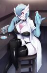  bra clothing coat crossed_legs dr._voir eyewear female gardevoir glasses hi_res humanoid lab_coat laboratory_equipment laboratory_glassware&lrm; nintendo not_furry oni_unicorn panties pok&eacute;mon pok&eacute;mon_(species) scientific_instrument shiny_pok&eacute;mon sitting solo test_tube topwear underwear video_games 