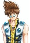  1boy akira_ituki brown_hair closed_mouth collarbone looking_at_viewer looking_over_eyewear macross macross_7 male_focus nekki_basara shiny shiny_hair simple_background sleeveless smile spiked_hair upper_body white_background yellow_eyes 