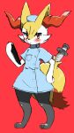  1girl absurdres animal_ear_fluff animal_ears animal_nose barefoot black_fur blue_dress blush body_fur braixen breast_pocket chizi clipboard closed_mouth clothed_pokemon commentary_request dress flat_chest fox_ears fox_girl fox_tail full_body furry gen_6_pokemon hand_on_hip hand_up hat highres holding nurse nurse_cap paws pocket pokemon pokemon_(creature) red_background red_eyes short_sleeves simple_background sketch snout solo standing syringe tail white_fur yellow_fur 