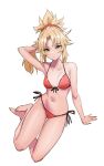  1girl absurdres arm_support ass_visible_through_thighs barefoot bikini blonde_hair breasts breasts_apart collarbone expressionless fate/grand_order fate_(series) front-tie_top green_eyes groin hand_in_hair highres kiritzugu looking_at_viewer mordred_(fate)_(all) mordred_(swimsuit_rider)_(fate) navel ponytail red_scrunchie scrunchie short_hair side-tie_bikini small_breasts solo swimsuit white_background 
