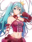  1girl absurdres adjusting_hair alternate_costume aqua_hair arm_up artist_name bangs bare_shoulders blue_eyes collarbone commentary criss-cross_halter crop_top crossed_bangs crown detached_sleeves floating_hair hair_between_eyes halterneck harukawa_(hal501) hatsune_miku highres long_hair looking_at_viewer midriff red_ribbon red_shirt red_skirt ribbon shirt sidelocks simple_background single_detached_sleeve skirt smile solo stomach twintails upper_body vocaloid watermark white_background 